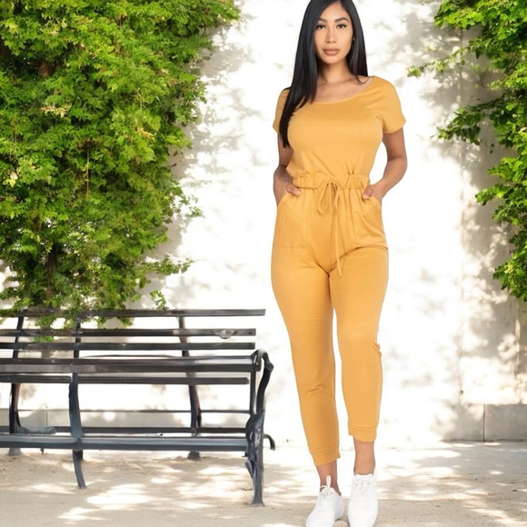 Super Comfy Capella Mustard Ladies Two-Way Shoulder Drawstring Jumpsuit - Picture 7 of 16